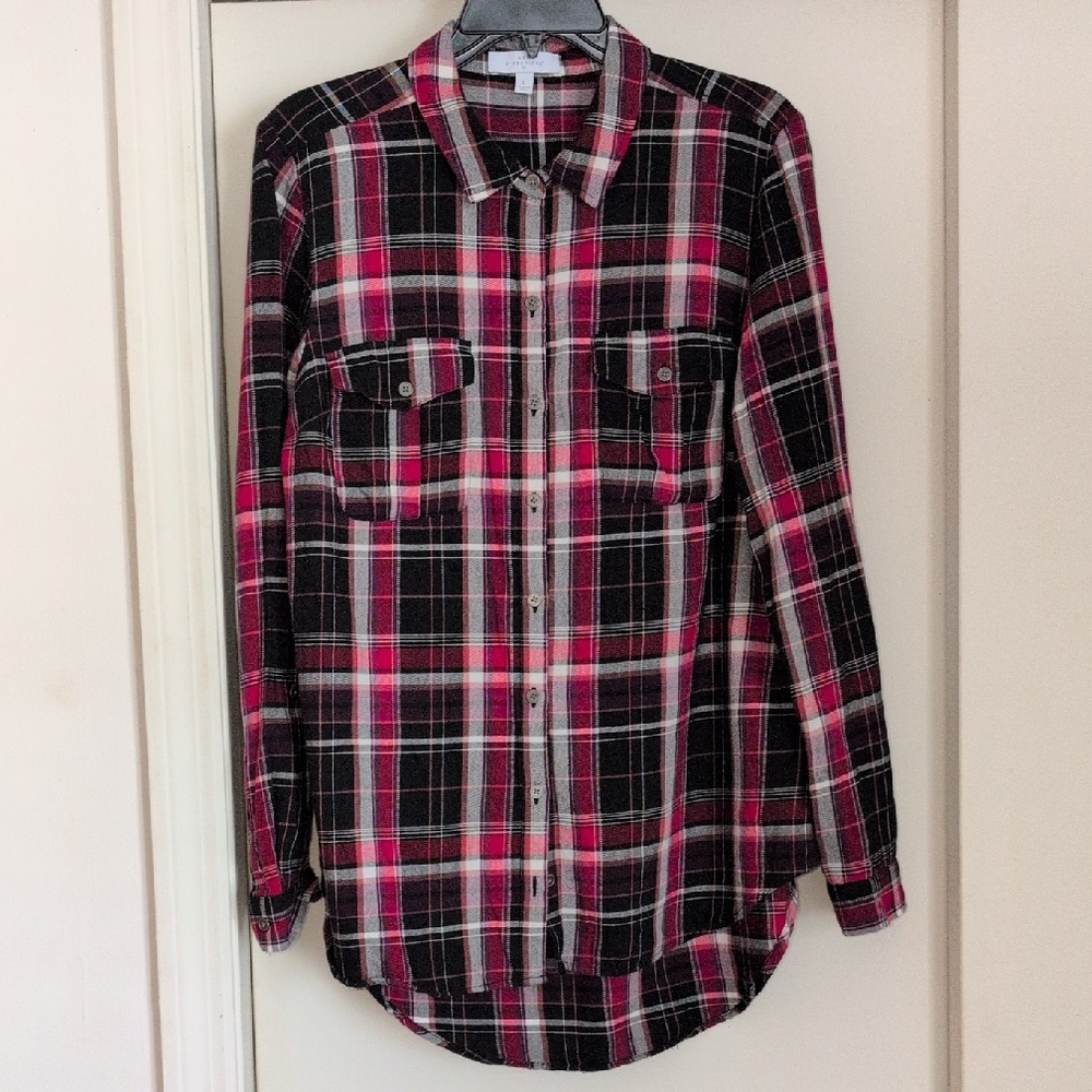 New Directions Red and Black Plaid Button down Shirt large